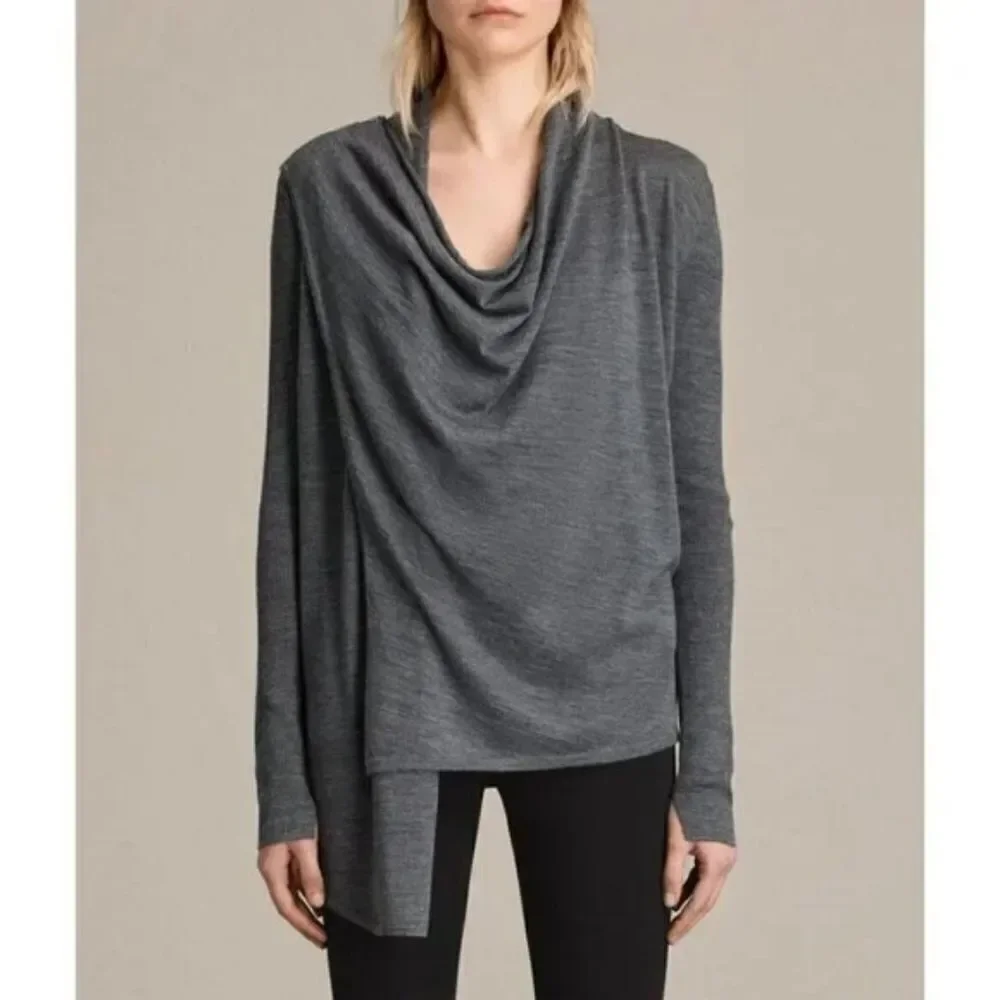 All Saints Drina Grey Wool Asymmetrical Cardigan Cowl Neck Zipper Shoulder Med